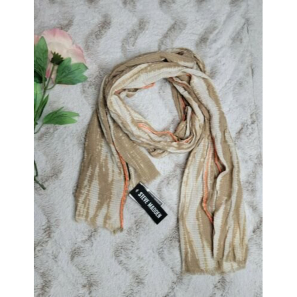 Steve Madden Cotton Beige White Tie Dye Orange Stitch Scarf NWT